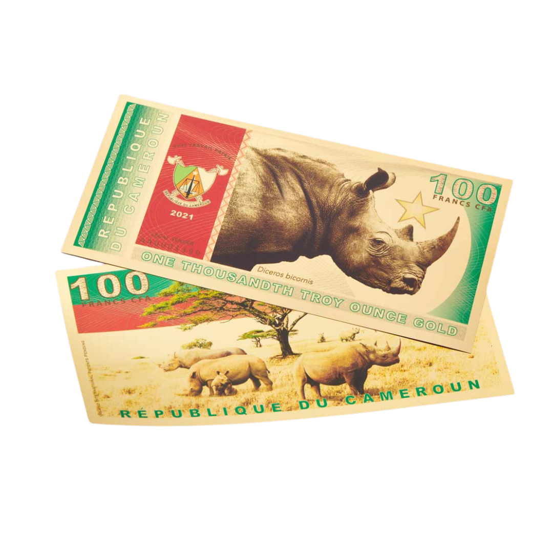 2021 Republic of Cameroon 1/1000oz Gold Black Rhino Aurum Gold Note