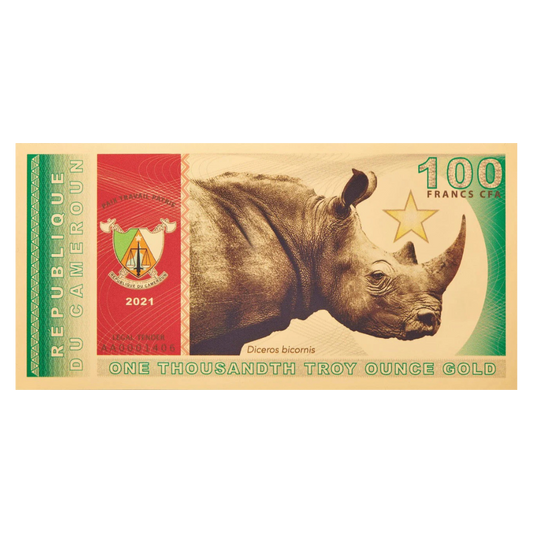 2021 Republic of Cameroon 1/1000oz Gold Black Rhino Aurum Gold Note