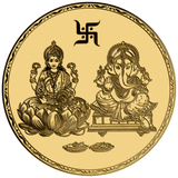 Close-up of the Lakshmi and Ganesh gold coin design with swastika and diyas
