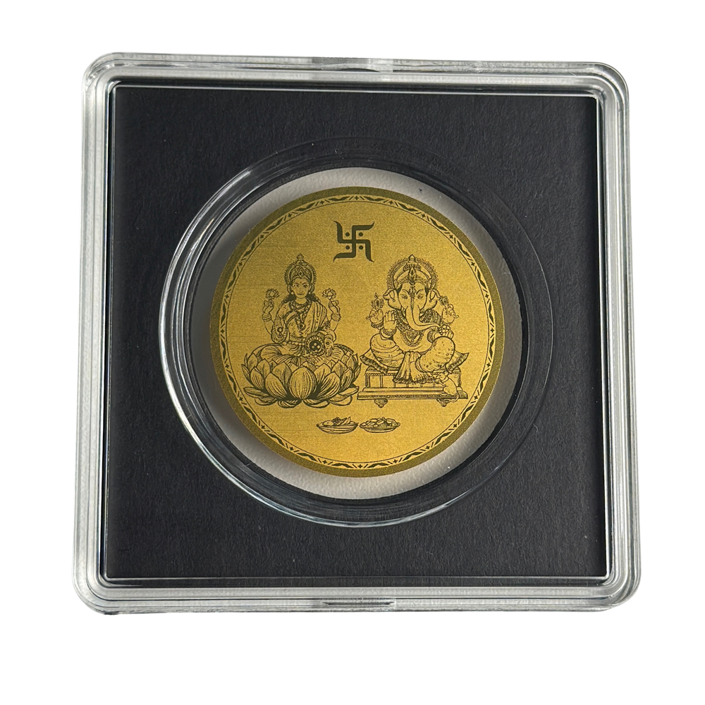 Lakshmi and Ganesh 1/200oz gold coin in its capsule and presentation box