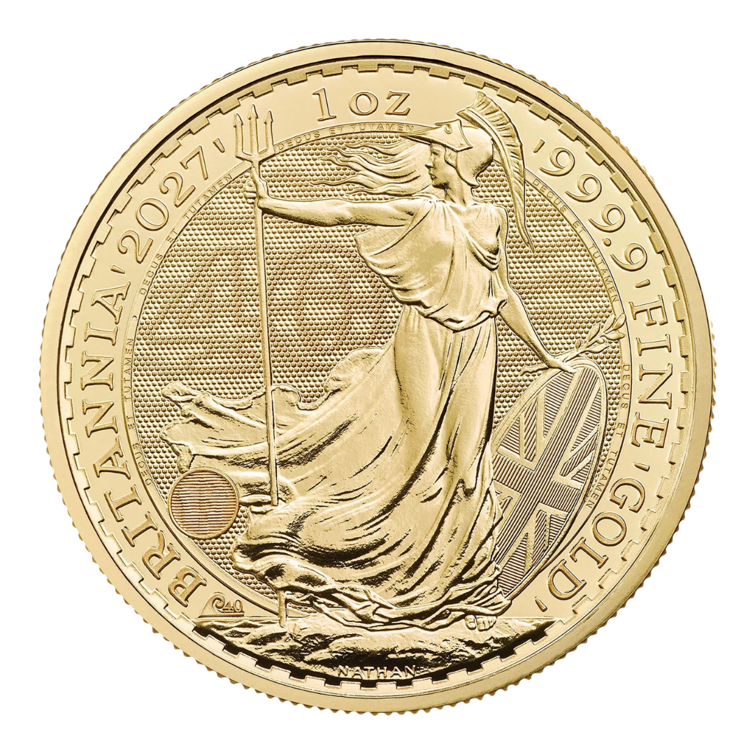 2027 1oz Gold Britannia coin, Britannia side with 40th anniversary privy mark