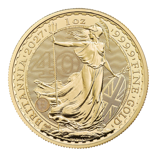 2027 1oz Gold Britannia coin, Britannia side with 40th anniversary privy mark