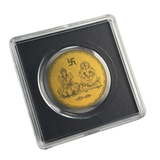 Lakshmi and Ganesh gold coin front, sealed in a clear capsule