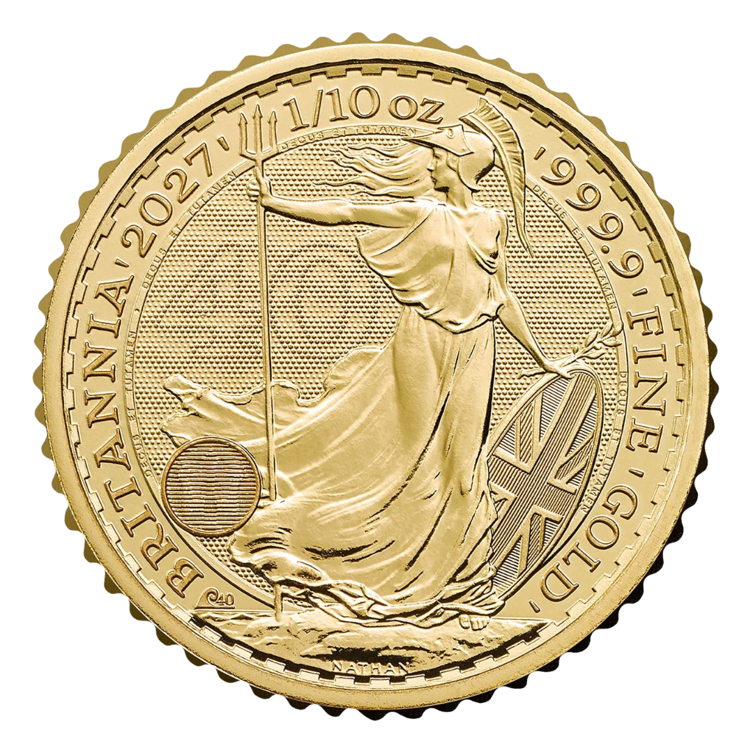 2027 1/10oz Gold Britannia coin, Britannia side with 40th anniversary privy mark