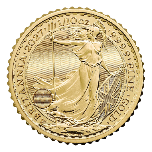 2027 1/10oz Gold Britannia coin, Britannia side with 40th anniversary privy mark