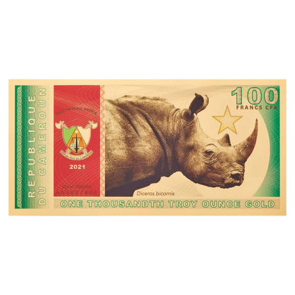 2021 Republic of Cameroon 1/1000oz Gold Black Rhino Aurum Gold Note