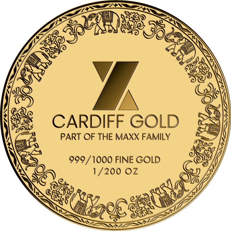 Back of the coin with the Cardiff Gold emblem, 999/1000 fine gold, 1/200 oz, framed by elephants and Om symbols